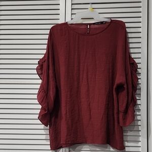 Anthropologie Doe & Rae Burgundy Blouse with Ruffle Sleeves
